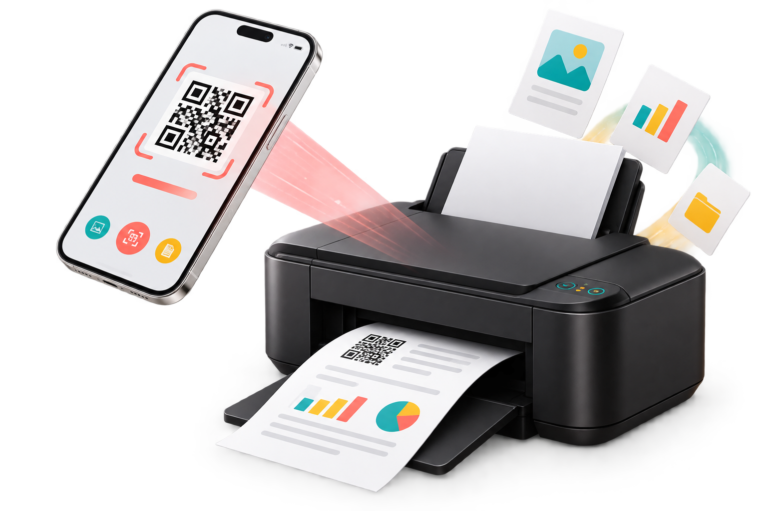 Phone scanning a QR code and sending a document to a printer